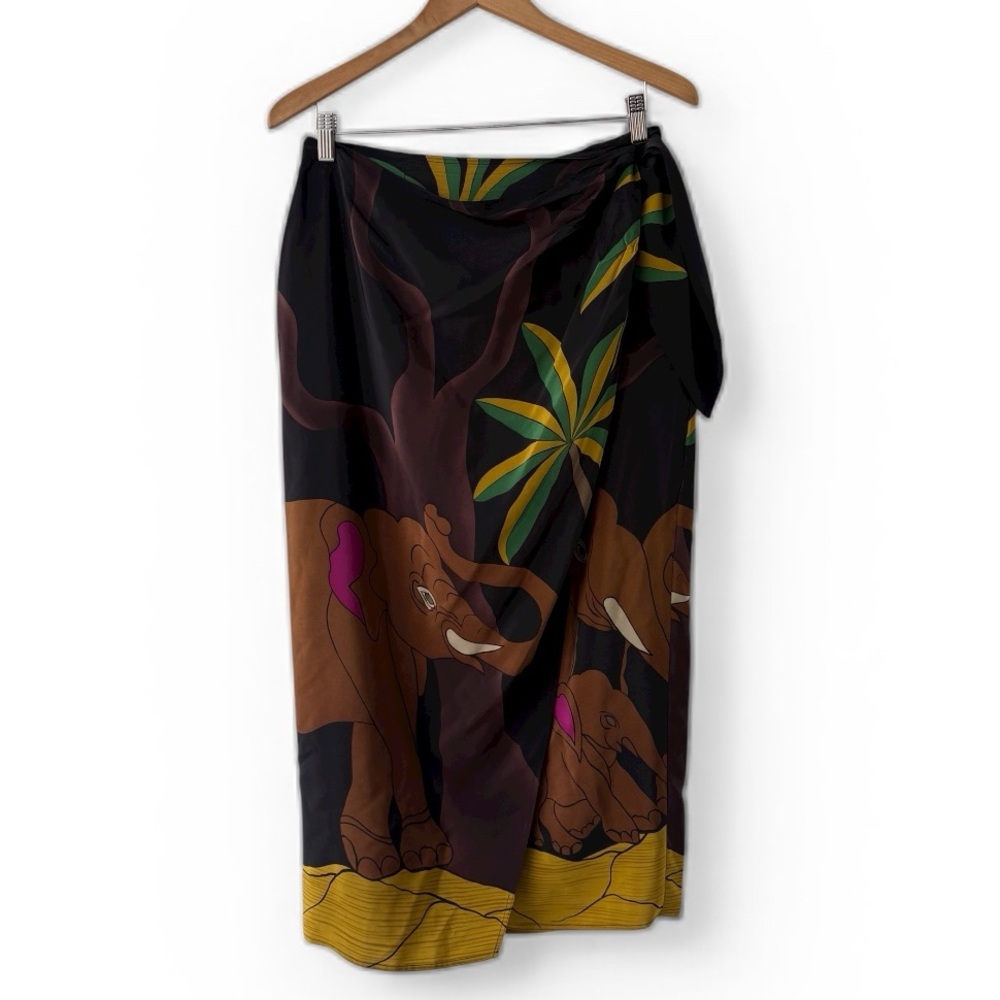 Vintage 100% Silk Elephant Jungle Print Wrap Skirt Size 12